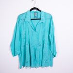 Johnny Was Lemmi Floral Flower Embroidered Eyelet Lightweight V Neck Blouse Blue Photo 0