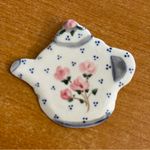 Floral Ceramic Teapot Brooch with Pink Roses White Photo 0