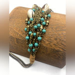 Handmade NWT Boho Turquoise & Shell Cluster Necklace Antique Gold Tone Chain Coins Beachy Photo 4