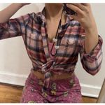 Old Navy  Size Small Pink Multicolor Cropped Plaid Flannel Boyfriend Shirt Photo 3