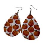 Pumpkins on White Leather Drop Shaped Earrings Photo 1