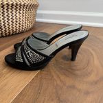 Nero Giardini Italy 3” Heel Mules Bling Logo Black Satin $270 39 Size 8.5 Photo 3