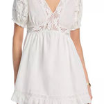 AQUA  White Mini Dress Crochet Lace Trim Puff‎ Sleeve V Neck XS Photo 0