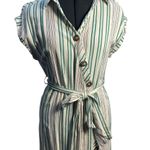 Lulus  Back to Classics Green and White Striped Midi Shirt Dress Linen‎ Blend S Photo 3