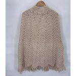 1960 VTG Hand Knit Shawl Poncho Sweater Womens One‎ Size Chunky Button Fringe Tan Photo 4