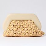 THEMOIRè Brown Tan Straw Woven Beaded Pearl Magnetic Closure Clutch Purse Photo 1