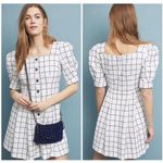 Gal Meets Glam OP Windowpane Check Puff Sleeve Mini Dress White Blue Cotton Photo 1