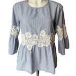 Hannah Blue Stripe Lace Detail Bell Sleeve Peplum Top, Sz M Size M Photo 5