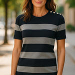 Ann Taylor Womens NAVY GRAY STRIPE SHORT SLEEVE GOLD BUTTONS SWEATER SIZ… Photo 0