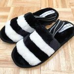Jessica Carlyle Black/White Stripes Faux Fur Elastic Slingback Slides Slippers 9 Photo 0