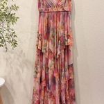 Liv Foster Printed Floral Mesh Gown Pink Multi Size 6 NWT Wedding Prom Party Photo 0