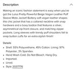 Beige Vegan Leather Puff Sleeve Moto Jacket Size L Photo 2