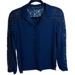 ZARA Navy Blue Floral Lace Button Down Blouse Photo 0