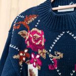 VTG Shenanigans Womens Embroidered Sweater Size S Navy Floral 90s Boho Fall Blue Photo 3