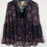 Knox Rose Black Print Velvet Lace Peasant Boho Bell Sleeve Top Size Medium Photo 0