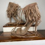 breckelle's Tan Roma-63 Suede Peep Toe Fringe Gilly Tie Stiletto Zip Heel 7 Photo 11