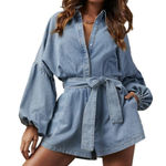 Mable Denim Romper Womens Small Collared Button Up Lantern Sleeve Blue Shorts Photo 0