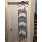 Cezele Boho Maxi Dress Size Medium White & Blue Tiered Hem Belt Spaghetti Straps Photo 5