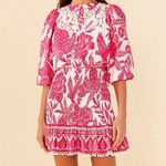 Farm Rio  Tropical Woodcut Mini Dress Pink Floral Cotton Smocked Photo 0