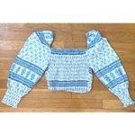 ZARA  Boho Smocked Puff Sleeve Crop Top Medium‎ Blue White Print Feminine EUC Photo 5