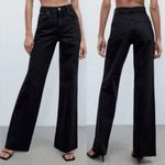 ZARA High Rise Waist Rigid Wide Full Length Raw Hem Jeans Washed Black 0 Photo 1