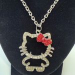 Hello Kitty Rhinestone  Pendant Necklace with Red Bow and Silver Chain Photo 3