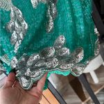 Vintage 80s Sequins Silk Beaded Top Emerald Floral life of a showgirl blouse Silver Size M Photo 2