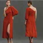 Reformation  Lawrence One Shoulder Midi Dress Crimson Red Slit Cocktail Size 12 Photo 1