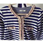 Boutique Navy Cream Cotton Stripped Cardigan with Tan Short Fringe Size Large Blue Photo 2