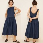 Free People Retro 90s Soraya Dark Denim Drop Waist Midi Jumper Dress Size Large Photo 3