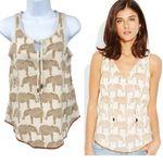 Anthropologie Lucky Brand Embroidered Elephant Print Tank Top Boho Tan Bead Tie Shirt XS Photo 1