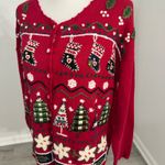 heirloom collectibles Christmas Cardigan Red Embroidered Trees Stockings M Photo 2