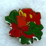 Christmas Holiday Enamel Pin Brooch Joy Candle Holly Bow Vintage Photo 2
