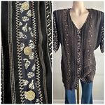 Vintage Boho Mixed Print Button Down Top Blouse Ethnic Border, Indie Folk Shirt Black Size 1X Photo 0