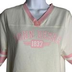 John Deere  Jersey Style T Shirt M White Pink Short Sleeve V Neck Tractors Photo 1