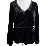 J.CREW | Black Velvet Faux Wrap Tie Waist V Neck Top Blouson Sleeves | Size 8 Photo 0