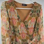 Justin Boots Pink tan maxi wrap Sheath Dress Bishop Sleeves paisley M ruffle Photo 7