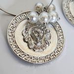 Silver Lion Head with Greek Key Design Drop Earrings Photo 1