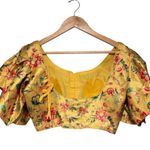 None Women’s Yellow Floral Silk Ruffle Short Sleeve Cropped Blouse Size Medium Photo 13
