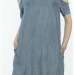 Elan  Pocket Denim Womens Shift Dress Size M Cold Shoulder Frayed Hems Blue Photo 1