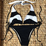 Brazilian Wear Size Large Black and White Striped Bikini Set. New No Tags Photo 0