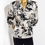 Alex Evenings Women's White Black Floral Bow Shawl Collar Satin Blouse Size SP Photo 0