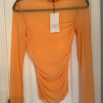 ZARA  women’s RUCHED TULLE TOP SEMI-SHEER Orange color long sleeve top small Photo 0