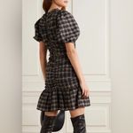 Ganni  Ruched Seersucker Mini Dress Plaid Tan Black beige puff sleeves neutral Photo 3