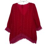 Johnny Was Embroidered Tunic Top Red Pink Lace V Neck 3/4 Sleeve Size S Photo 3