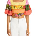 Farm Rio Tiered Top Rainbow Mixed Print Cropped Linen Multicolor Puff Sleeve Sm Photo 0