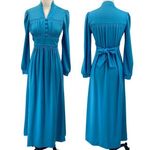 Vintage 70s Maxi Shirt Dress Long Bishop Sleeve Button Front Pleated Belted Blue Size 4 Photo 0
