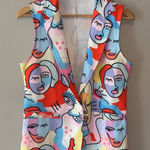 GUAPA Women’s Colorful Abstract Face Print Collared Casual Vest‎ Like New M/L Orange Size M Photo 0