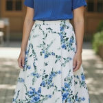 Ann Taylor VINTAGE 100% Silk Ivory Green Blue Floral Pleated A-Line Skirt Sz 4 # Photo 0