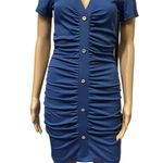 Beyove Blue Ruched Bodycon Ribbed V Neck Button Front Short Sleeve Mini Dress S Photo 2